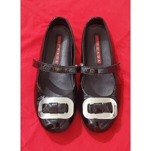 PRADA Girl's Black Patent Leather Silver Logo Mary Jane Style Shoes